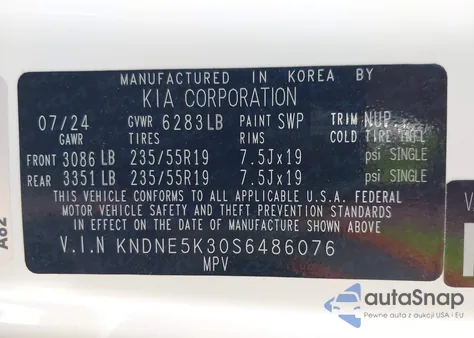 2025 Kia Carnival Mpv Sx Prestige z USA, uszkodzony, nr VIN KNDNE5K30S6486076